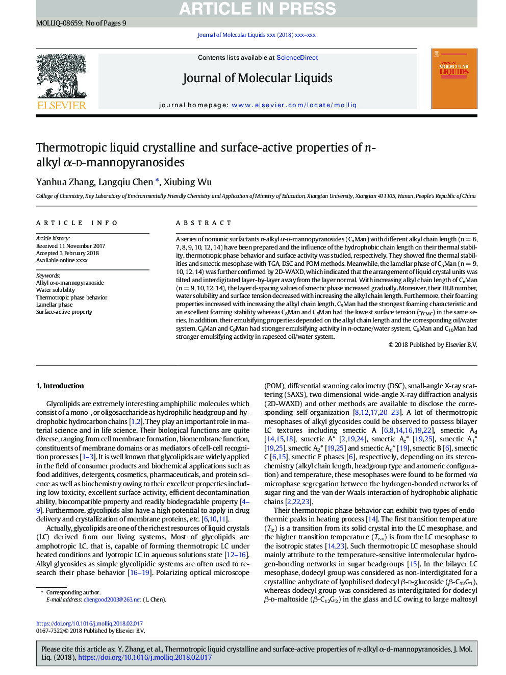 Thermotropic liquid crystalline and surface-active properties of n-alkyl Î±-d-mannopyranosides