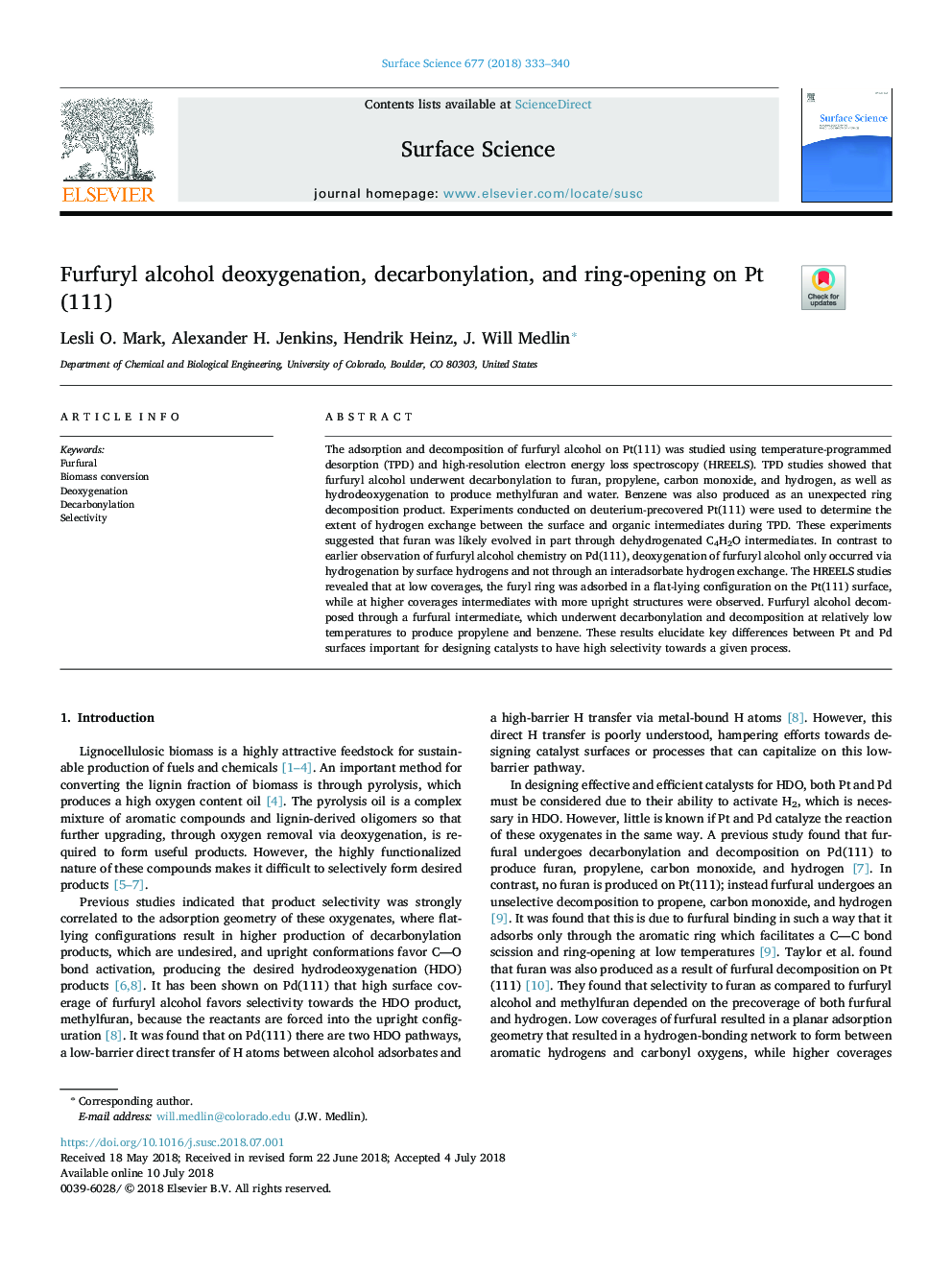 Furfuryl alcohol deoxygenation, decarbonylation, and ring-opening on Pt(111)