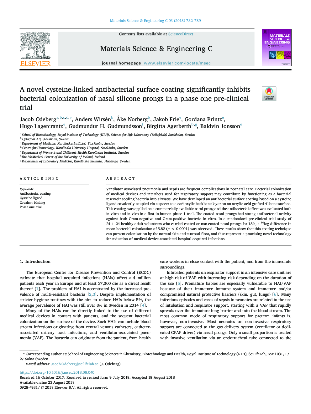 A novel cysteine-linked antibacterial surface coating significantly inhibits bacterial colonization of nasal silicone prongs in a phase one pre-clinical trial