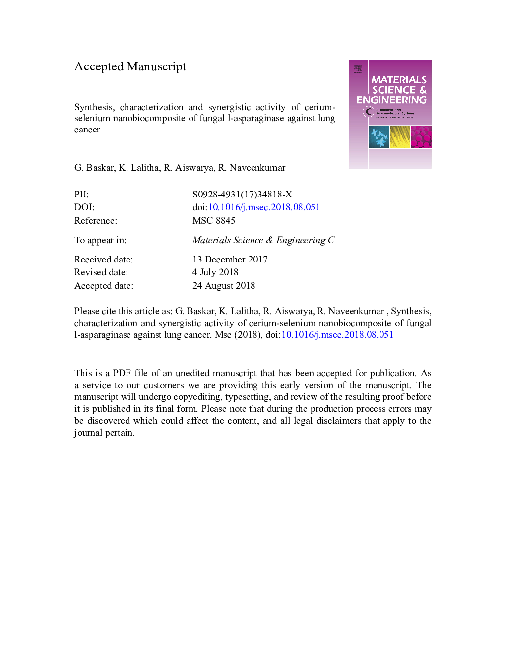 Synthesis, characterization and synergistic activity of cerium-selenium nanobiocomposite of fungal l-asparaginase against lung cancer