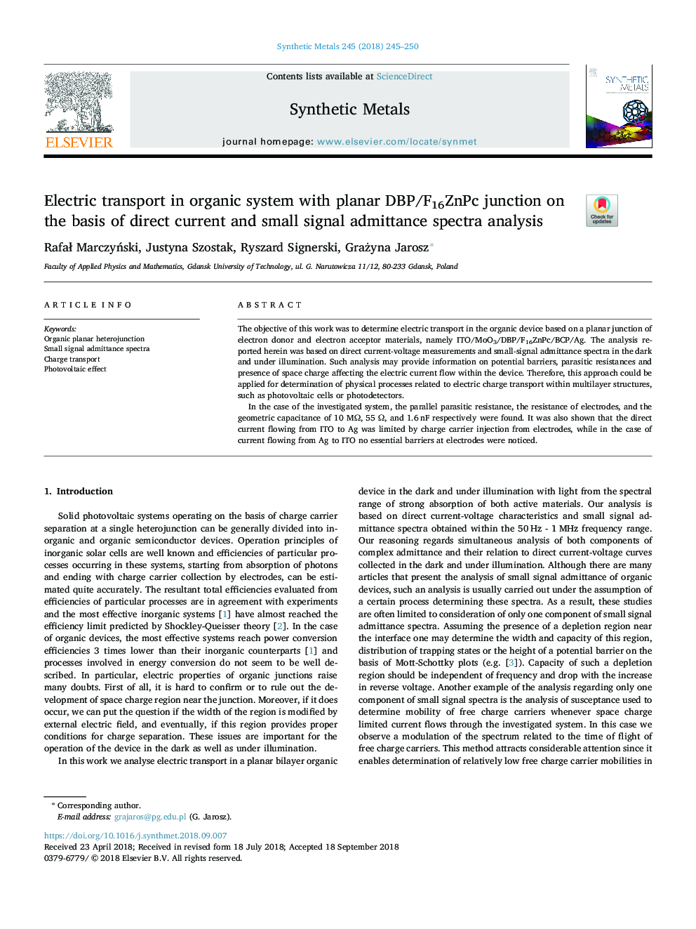 Electric transport in organic system with planar DBP/F16ZnPc junction on the basis of direct current and small signal admittance spectra analysis