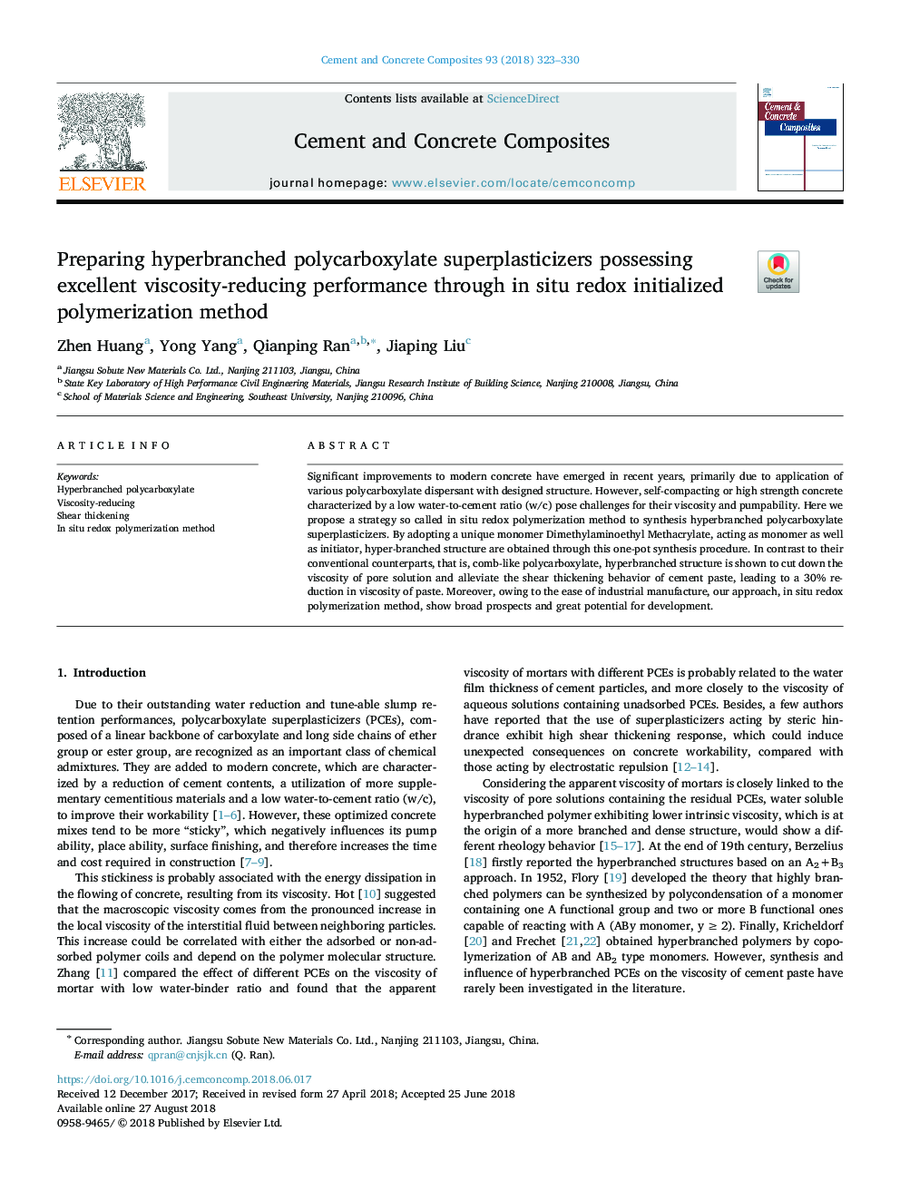 Preparing hyperbranched polycarboxylate superplasticizers possessing excellent viscosity-reducing performance through in situ redox initialized polymerization method