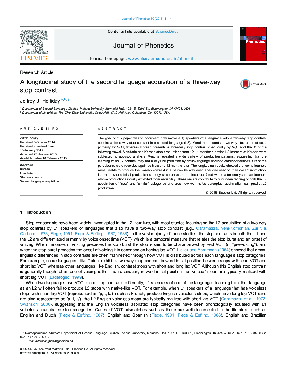 A longitudinal study of the second language acquisition of a three-way stop contrast