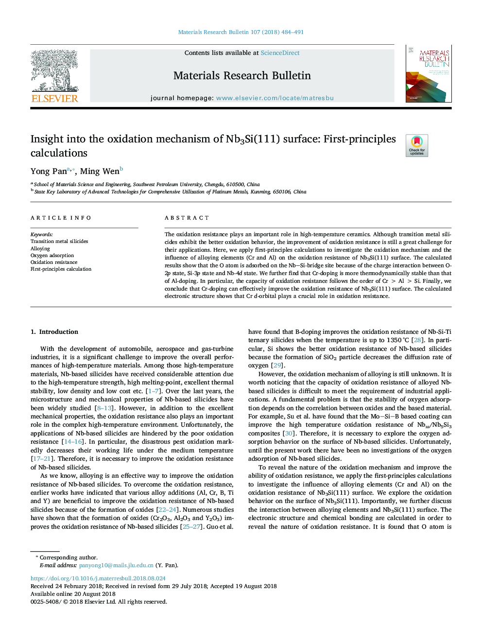 Insight into the oxidation mechanism of Nb3Si(111) surface: First-principles calculations