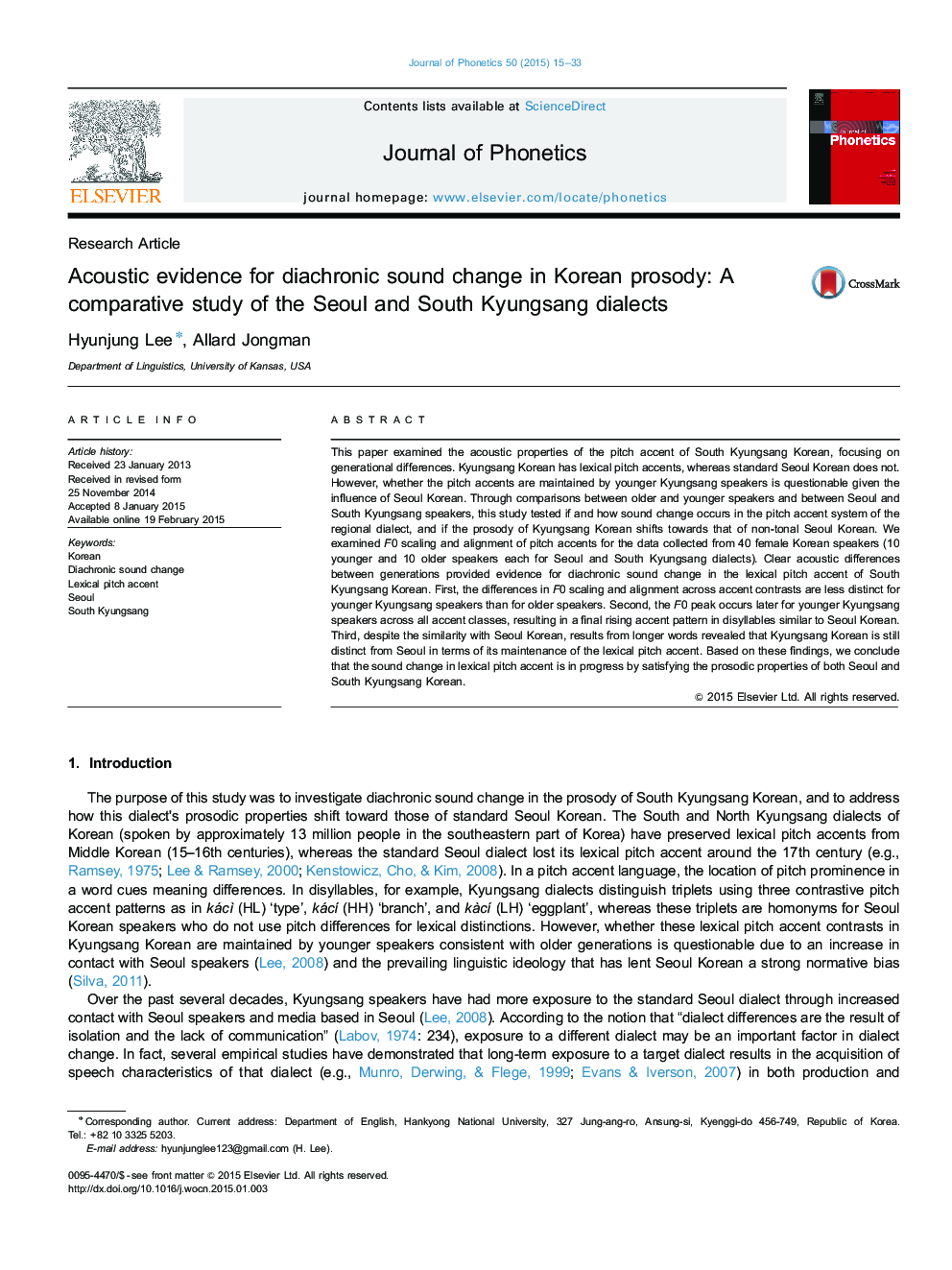 Acoustic evidence for diachronic sound change in Korean prosody: A comparative study of the Seoul and South Kyungsang dialects