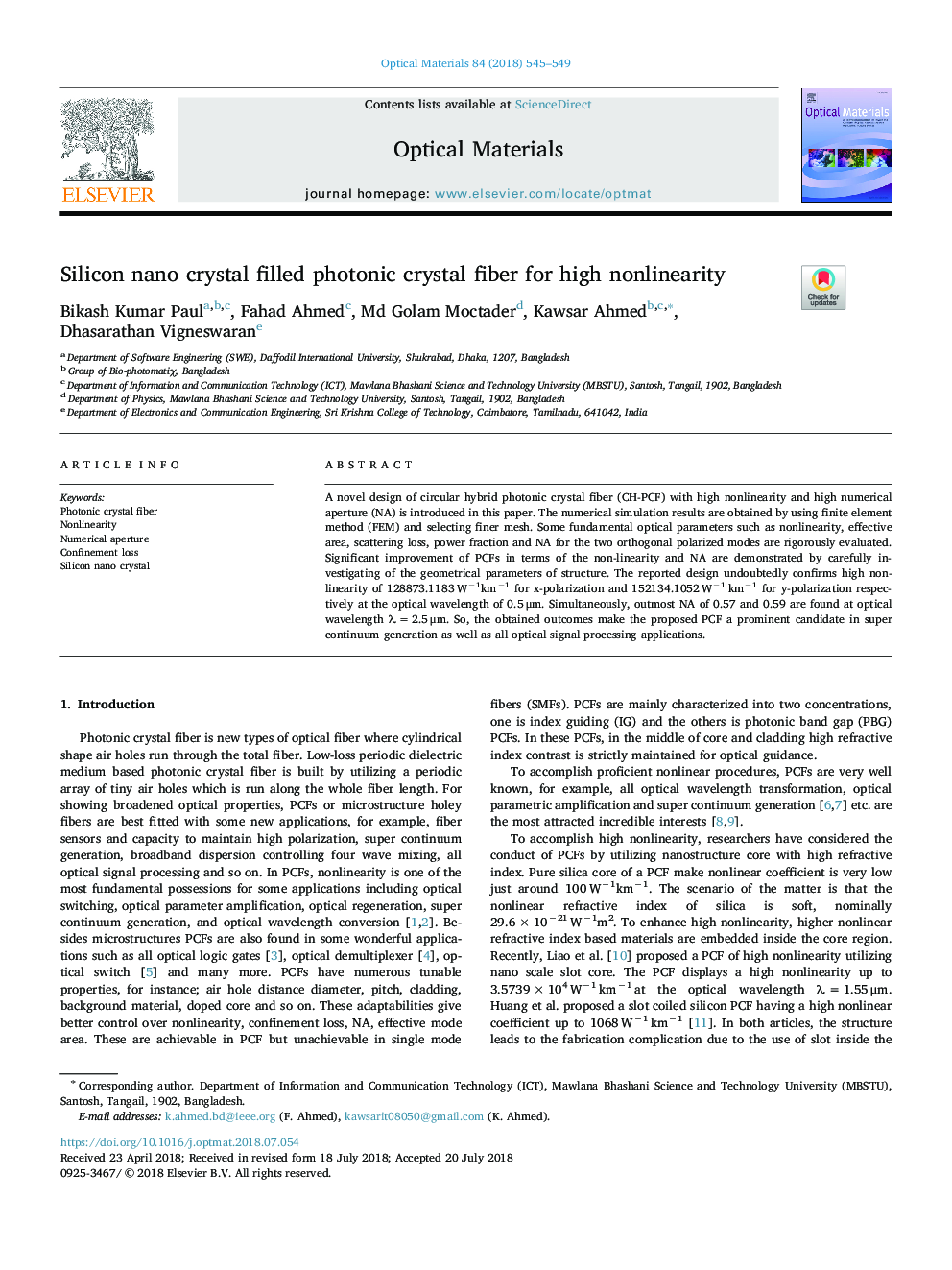 Silicon nano crystal filled photonic crystal fiber for high nonlinearity