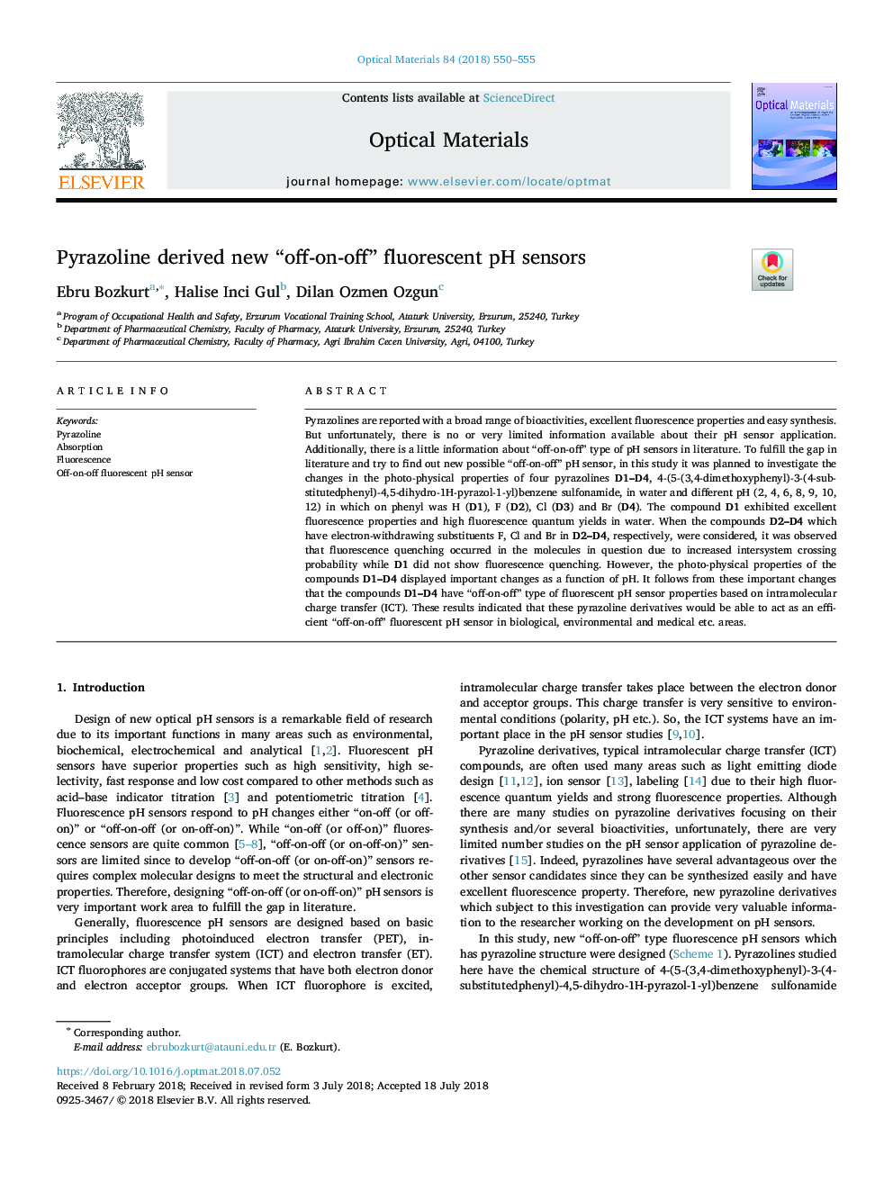 عکس صفحه اول مقاله: Pyrazoline derived new “off-on-off” fluorescent pH sensors Pyrazoline derived new “off-on-off” fluorescent pH sensors