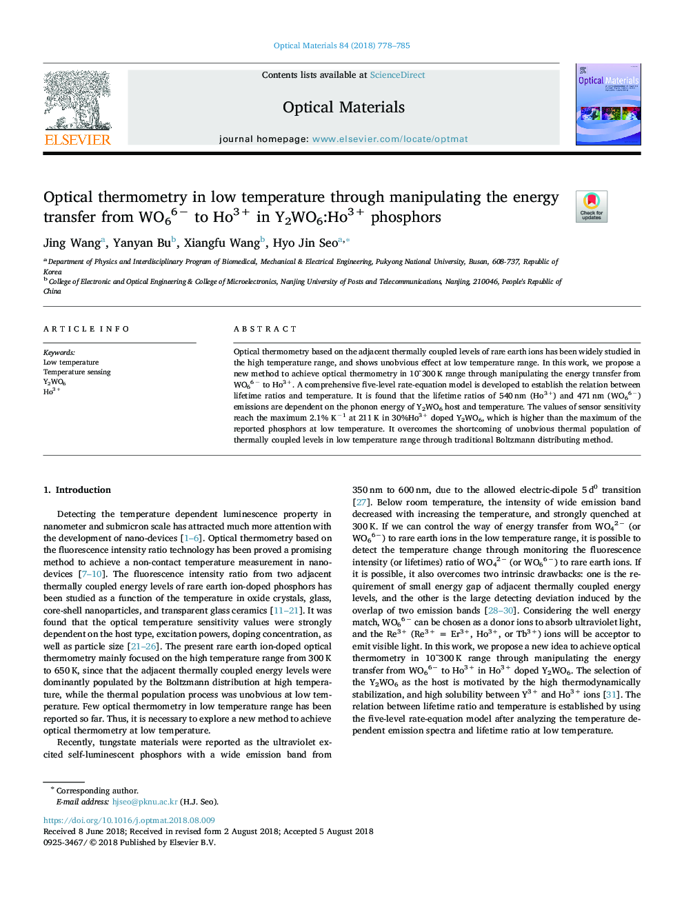 Optical thermometry in low temperature through manipulating the energy transfer from WO66â to Ho3+ in Y2WO6:Ho3+ phosphors