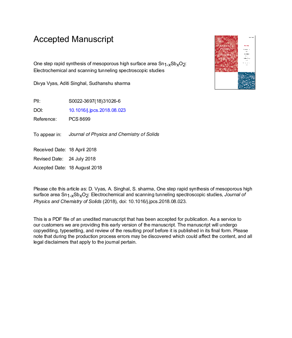 One step rapid synthesis of mesoporous high surface area Sn1-xSbxO2: Electrochemical and scanning tunneling spectroscopic studies