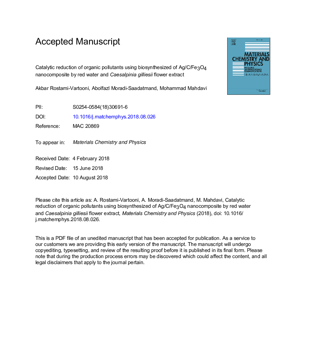 Catalytic reduction of organic pollutants using biosynthesized Ag/C/Fe3O4 nanocomposite by red water and Caesalpinia gilliesii flower extract