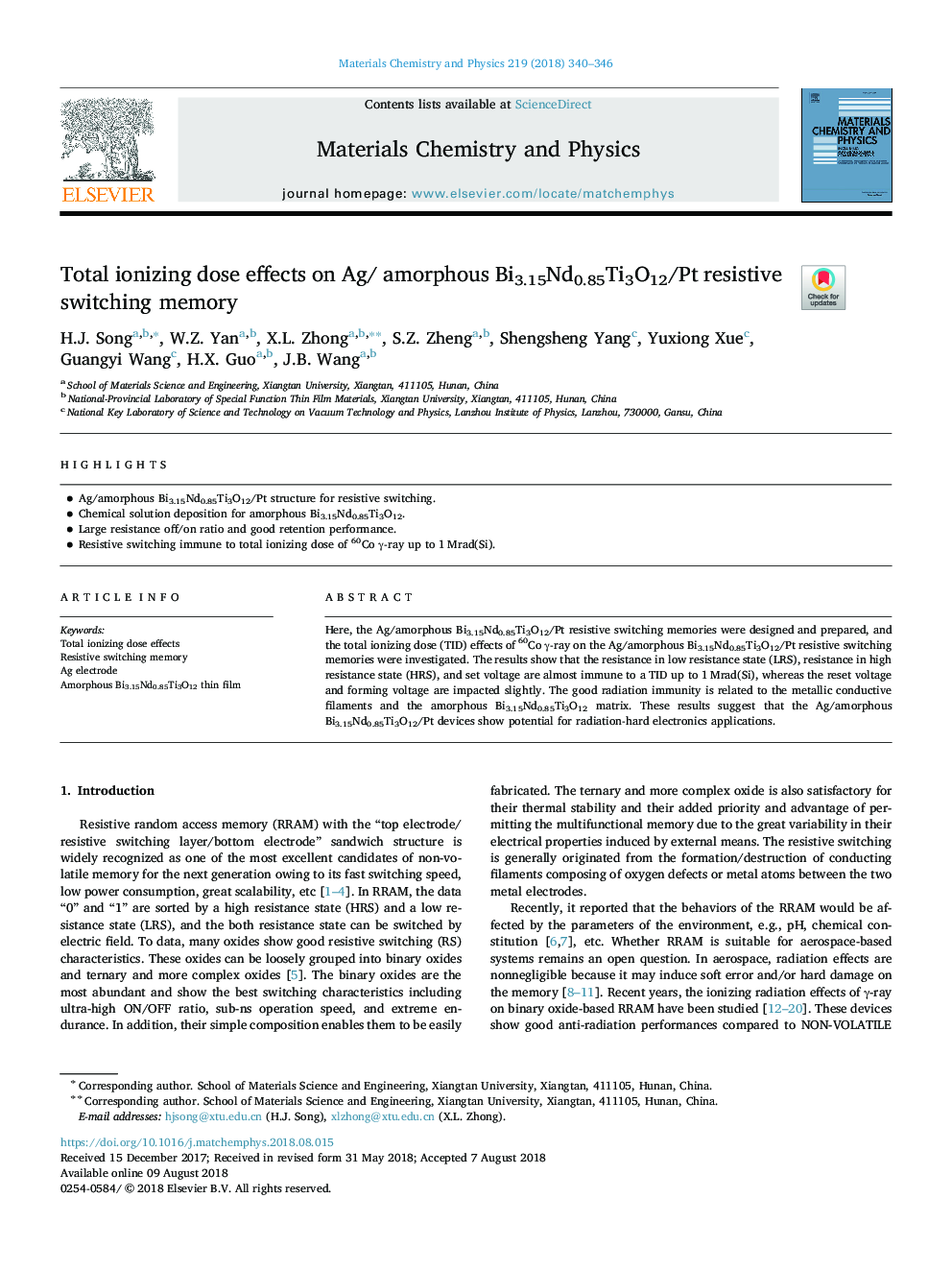 Total ionizing dose effects on Ag/ amorphous Bi3.15Nd0.85Ti3O12/Pt resistive switching memory