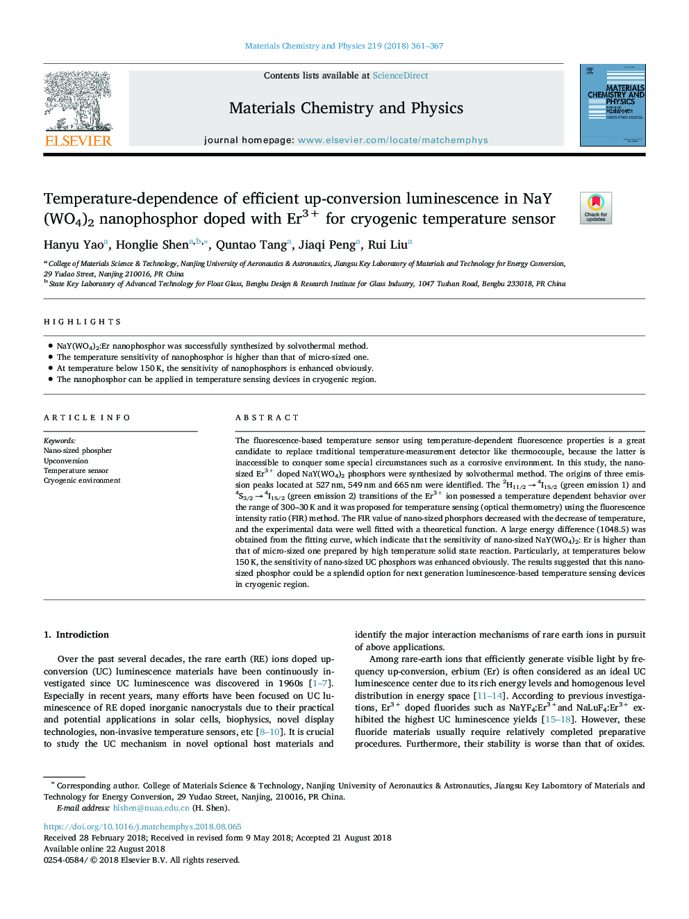 Temperature-dependence of efficient up-conversion luminescence in NaY(WO4)2 nanophosphor doped with Er3+ for cryogenic temperature sensor