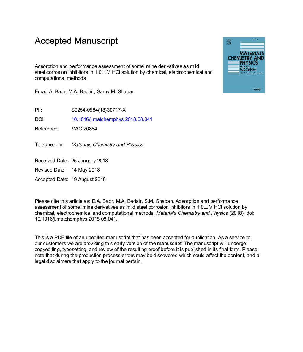 Adsorption and performance assessment of some imine derivatives as mild steel corrosion inhibitors in 1.0â¯M HCl solution by chemical, electrochemical and computational methods