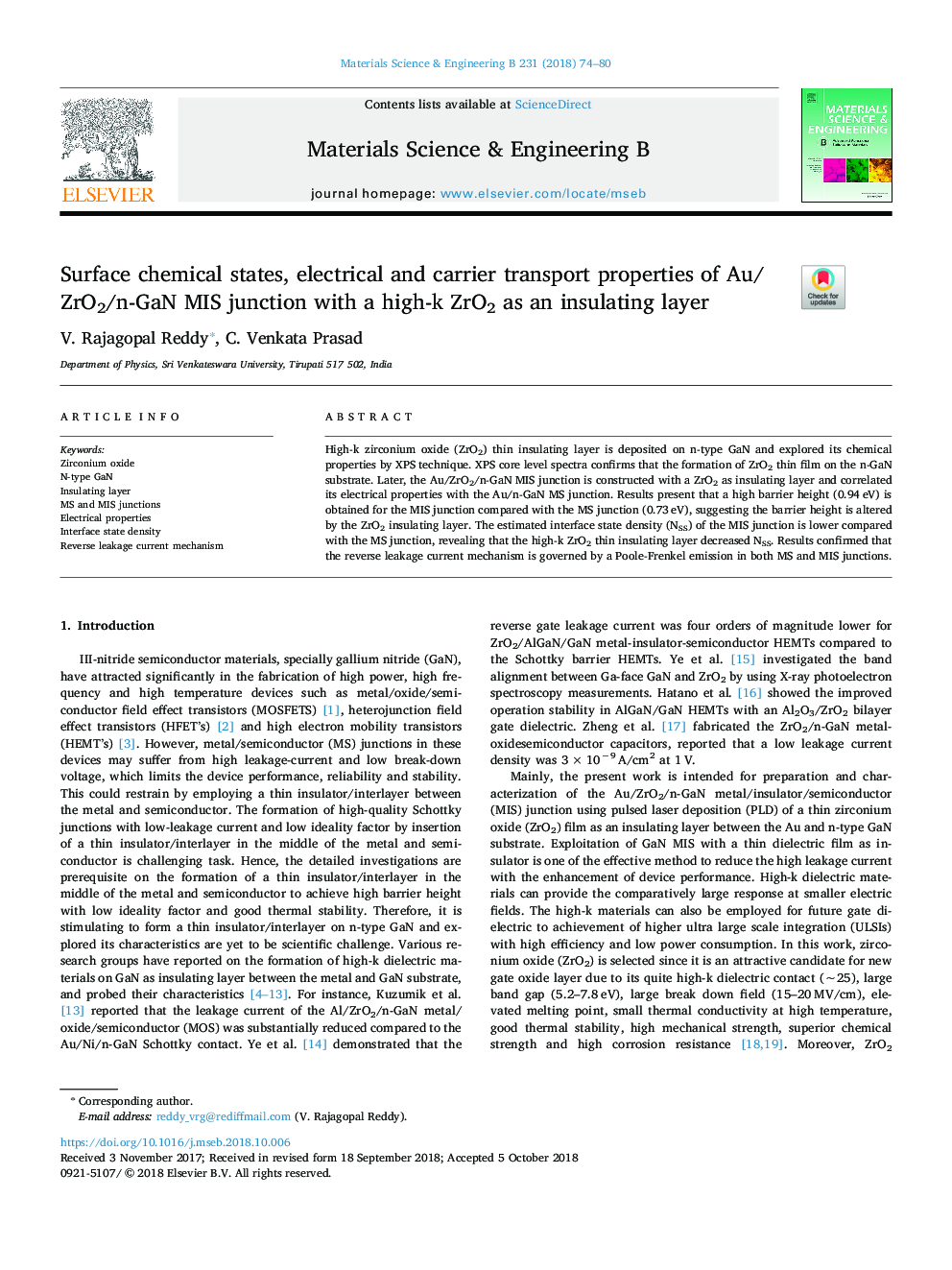 Surface chemical states, electrical and carrier transport properties of Au/ZrO2/n-GaN MIS junction with a high-k ZrO2 as an insulating layer