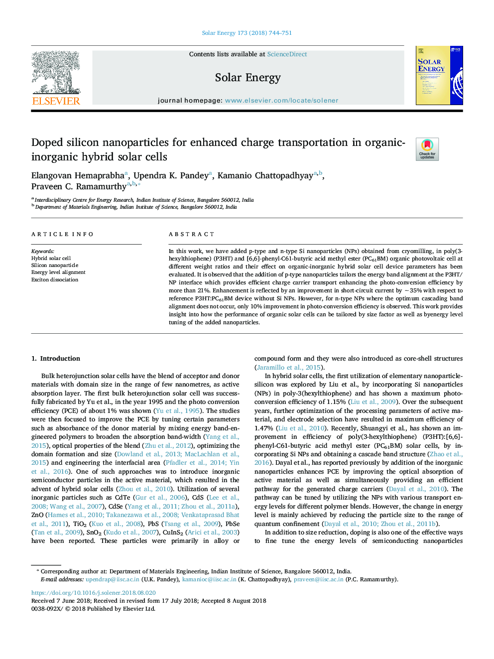 Doped silicon nanoparticles for enhanced charge transportation in organic-inorganic hybrid solar cells