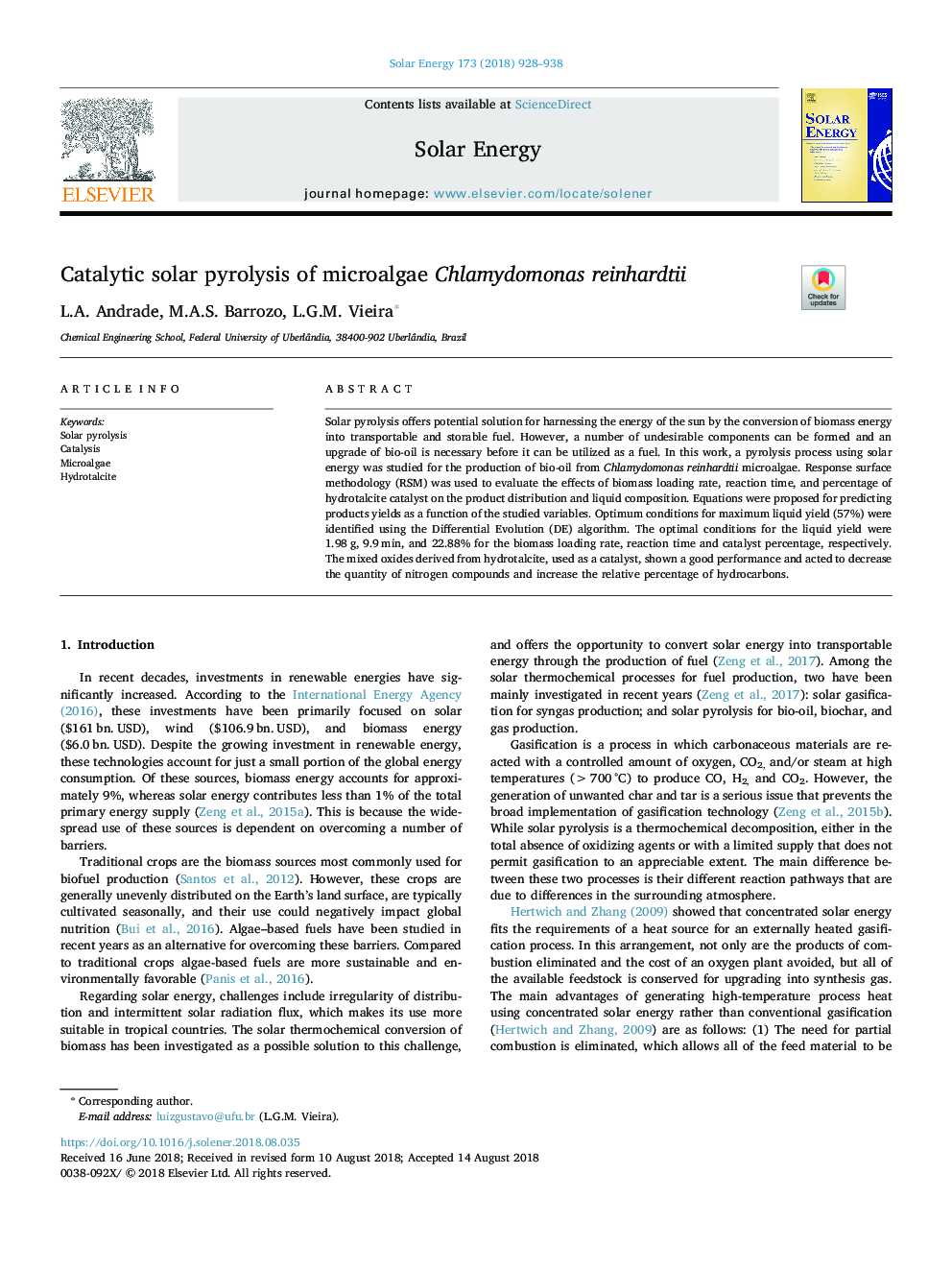 Catalytic solar pyrolysis of microalgae Chlamydomonas reinhardtii