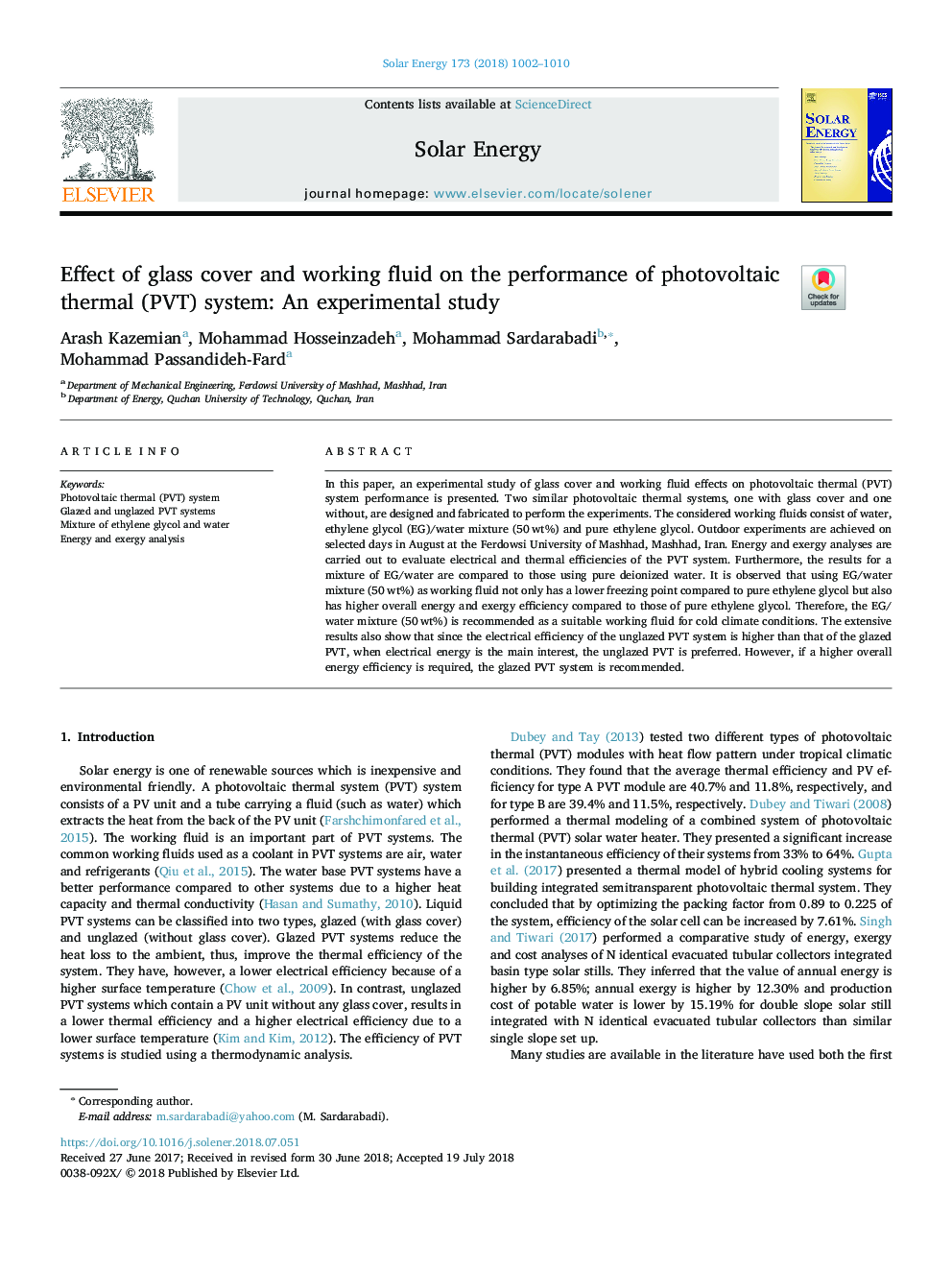 Effect of glass cover and working fluid on the performance of photovoltaic thermal (PVT) system: An experimental study