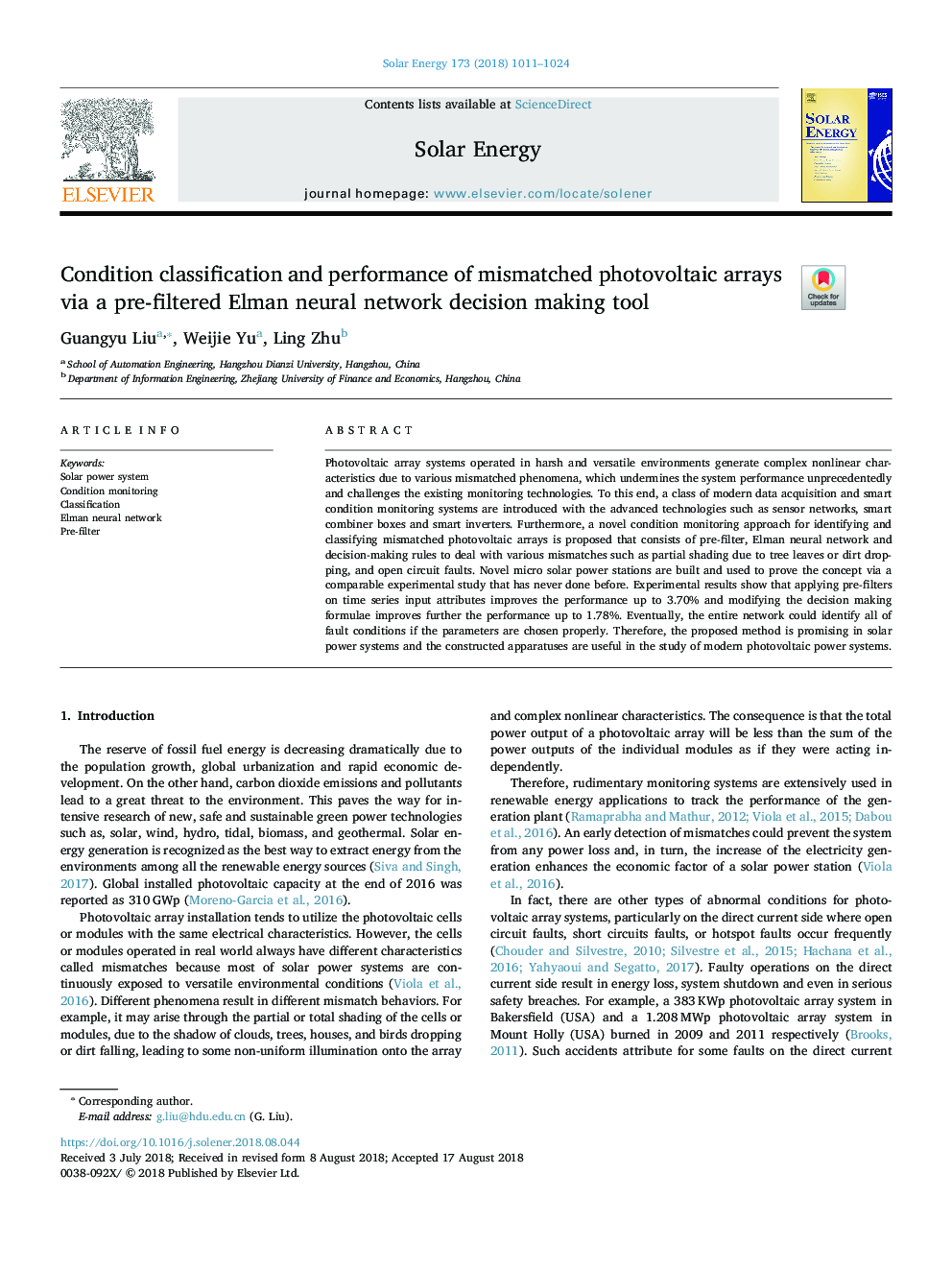 Condition classification and performance of mismatched photovoltaic arrays via a pre-filtered Elman neural network decision making tool