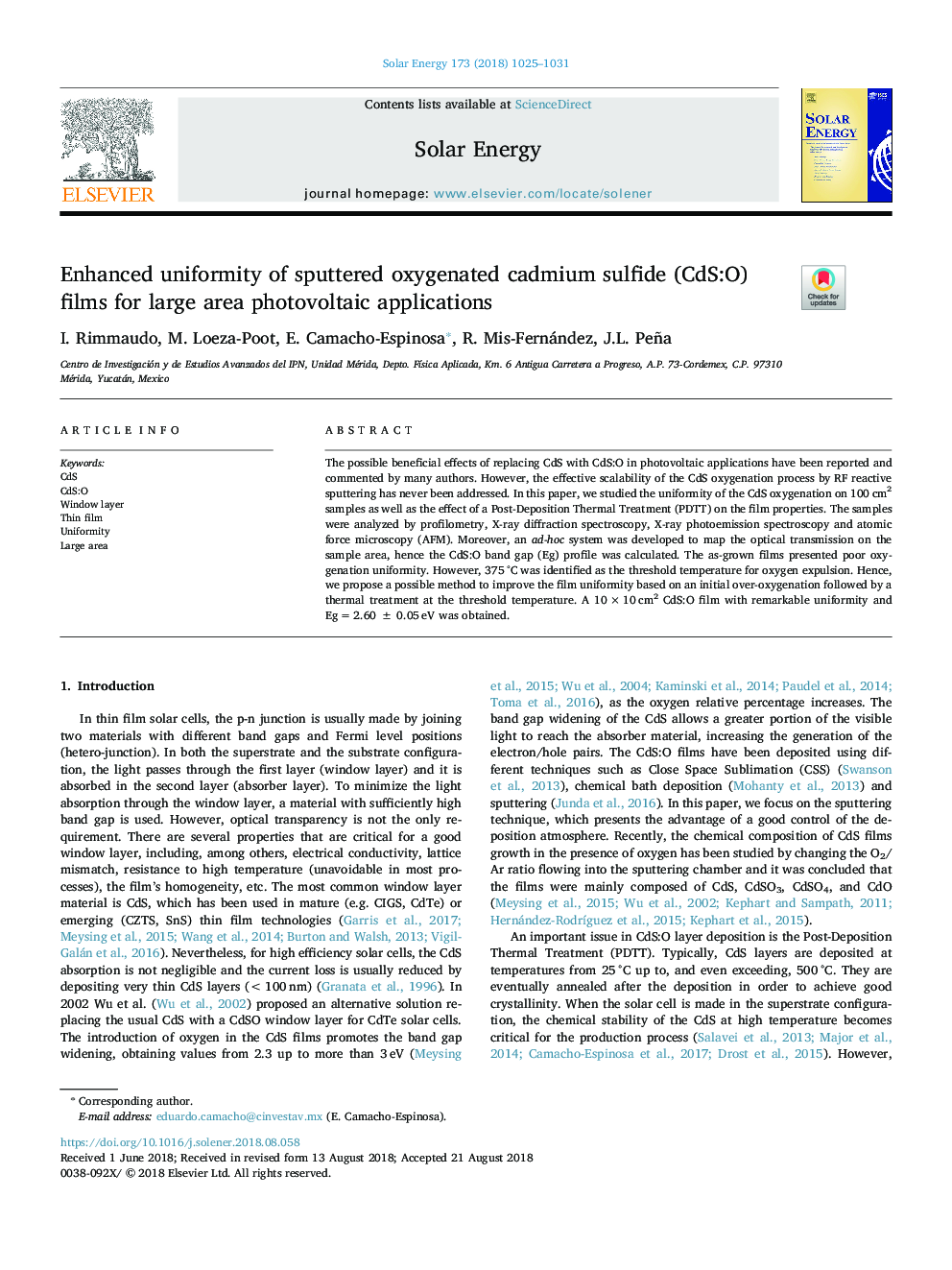 Enhanced uniformity of sputtered oxygenated cadmium sulfide (CdS:O) films for large area photovoltaic applications