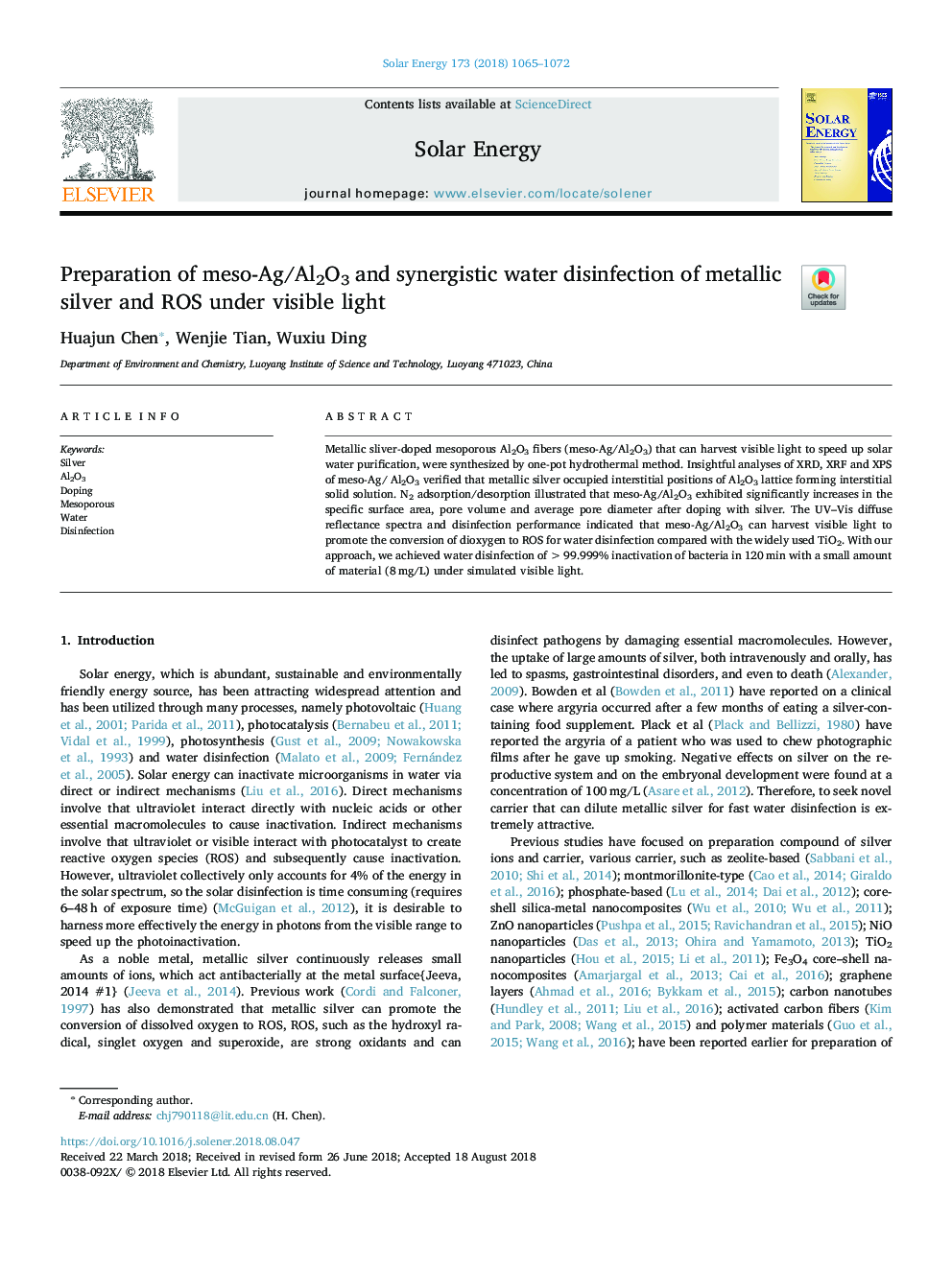 Preparation of meso-Ag/Al2O3 and synergistic water disinfection of metallic silver and ROS under visible light