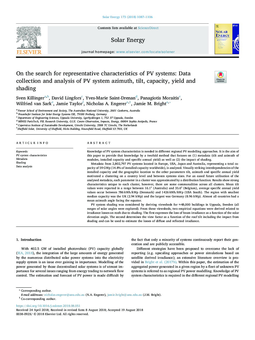 On the search for representative characteristics of PV systems: Data collection and analysis of PV system azimuth, tilt, capacity, yield and shading