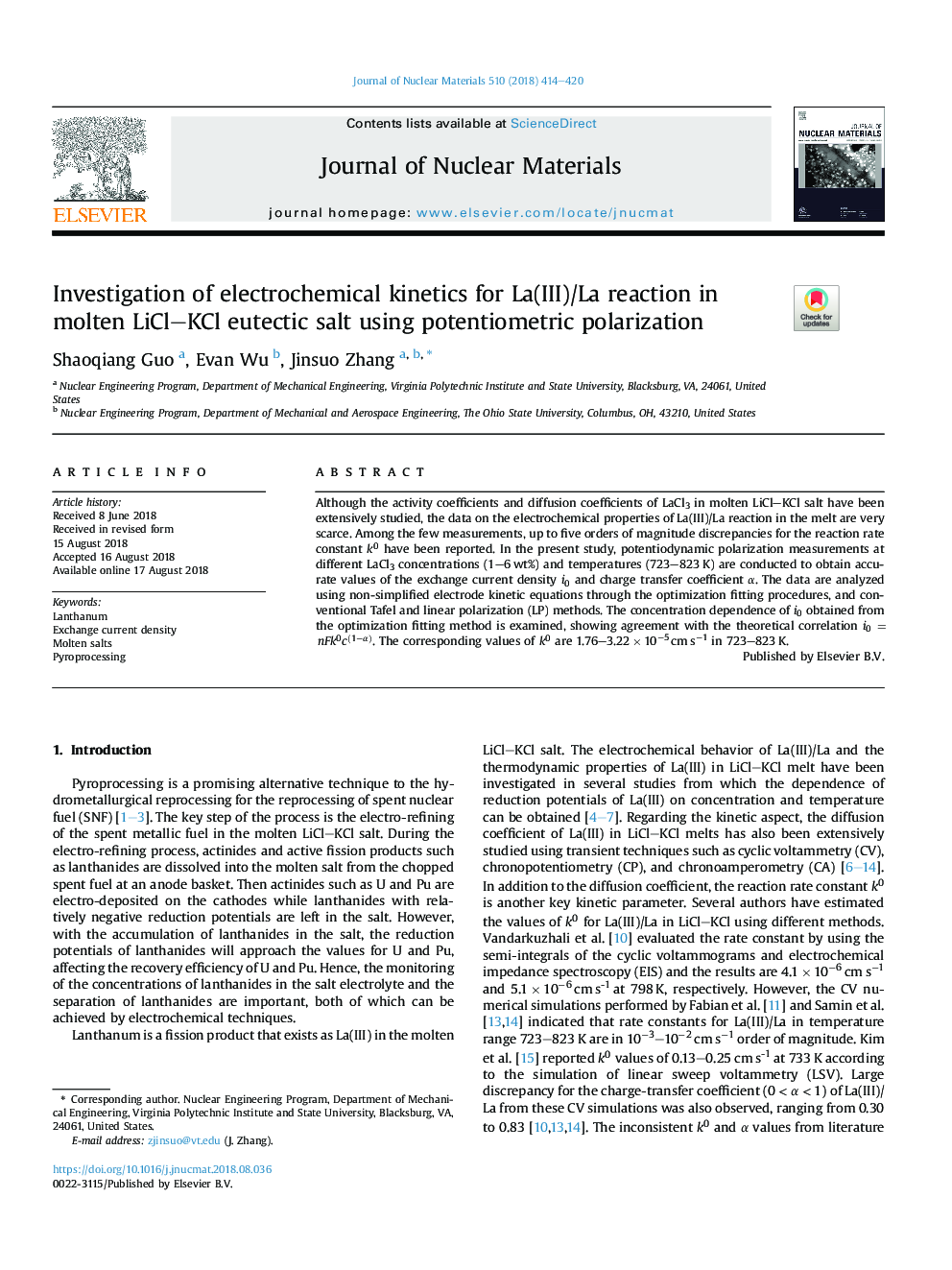 Investigation of electrochemical kinetics for La(III)/La reaction in molten LiClKCl eutectic salt using potentiometric polarization
