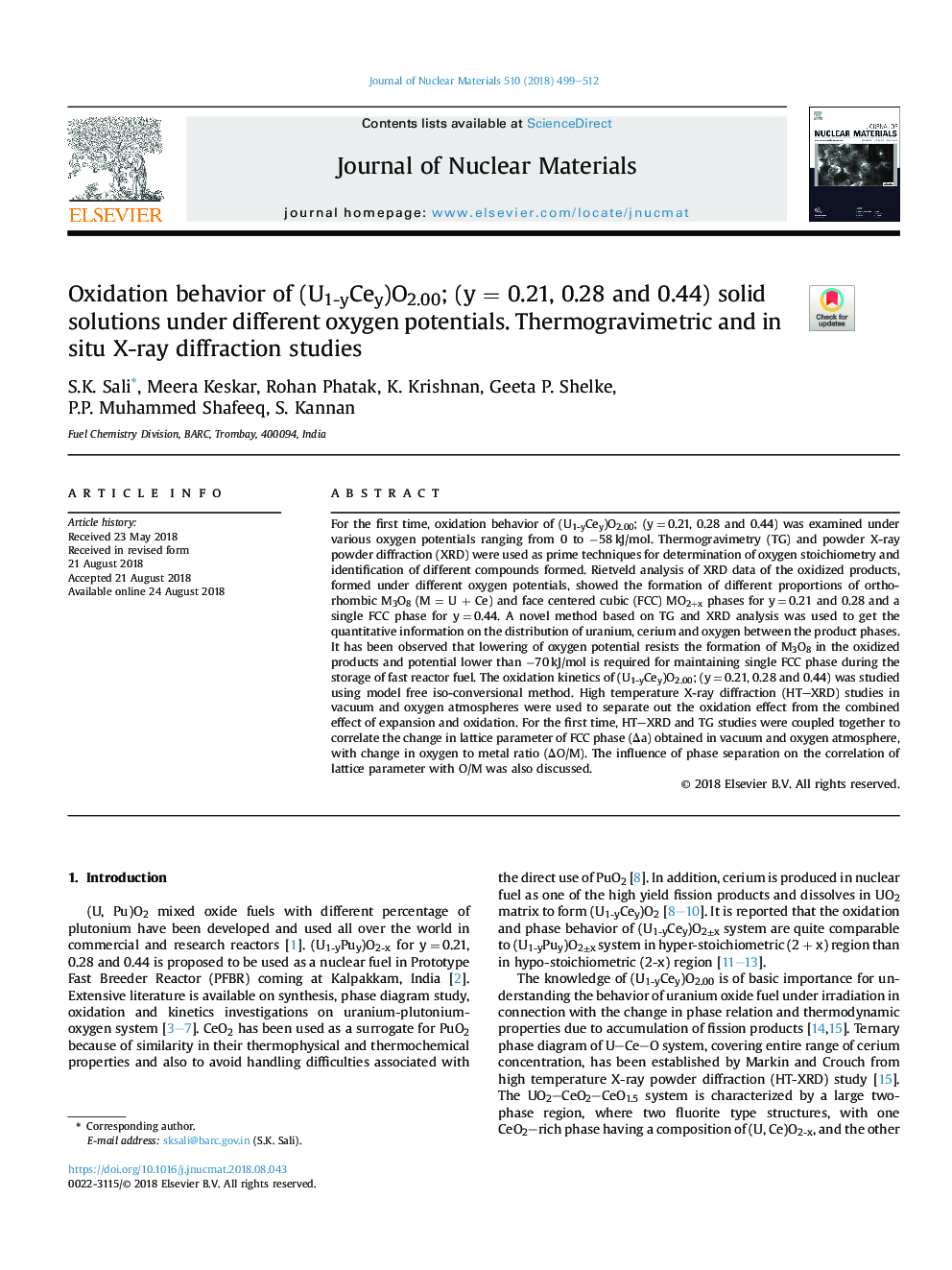 Oxidation behavior of (U1-yCey)O2.00; (yÂ = 0.21, 0.28 and 0.44) solid solutions under different oxygen potentials. Thermogravimetric and in situ X-ray diffraction studies