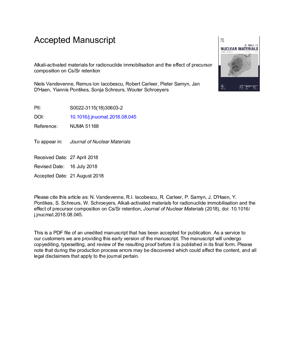 عکس صفحه اول مقاله: Alkali-activated materials for radionuclide immobilisation and the effect of precursor composition on Cs/Sr retention Alkali-activated materials for radionuclide immobilisation and the effect of precursor composition on Cs/Sr retention