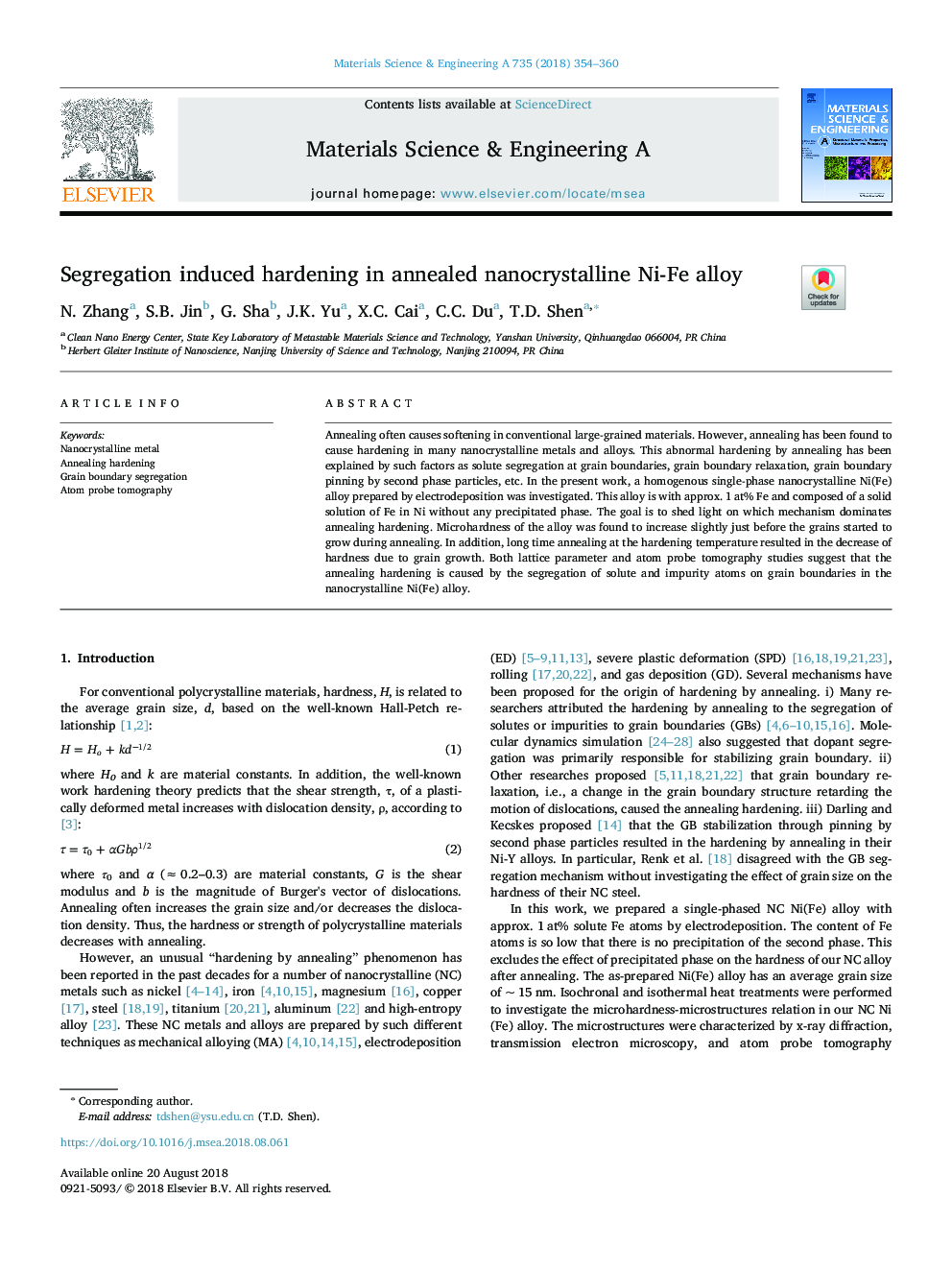 Segregation induced hardening in annealed nanocrystalline Ni-Fe alloy