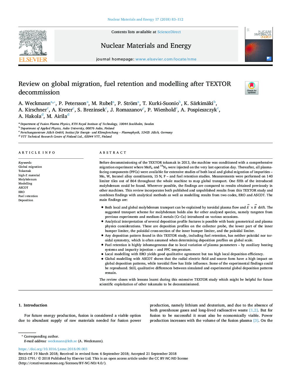 Review on global migration, fuel retention and modelling after TEXTOR decommission