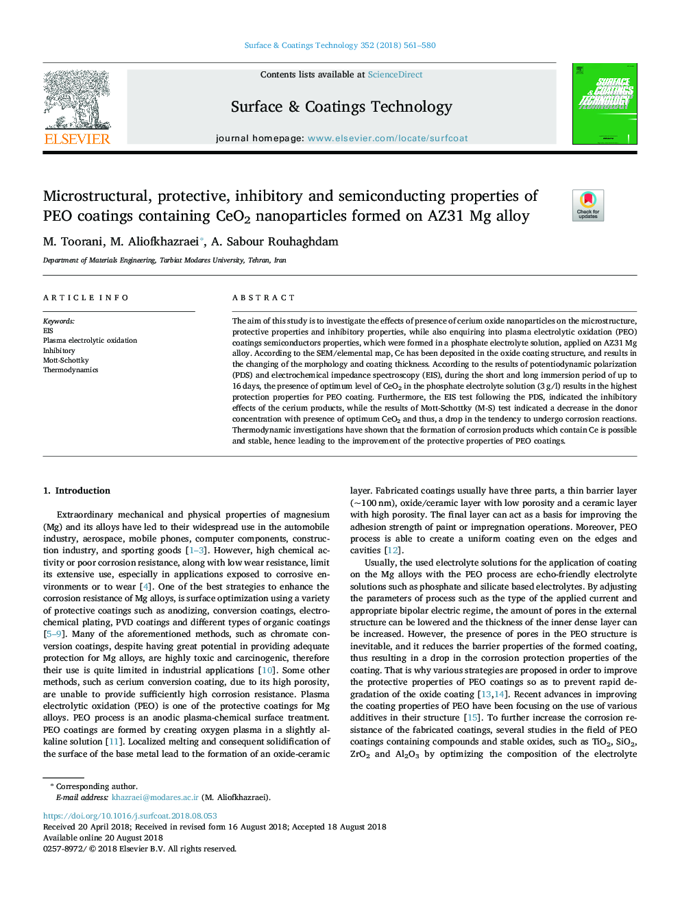 Microstructural, protective, inhibitory and semiconducting properties of PEO coatings containing CeO2 nanoparticles formed on AZ31 Mg alloy