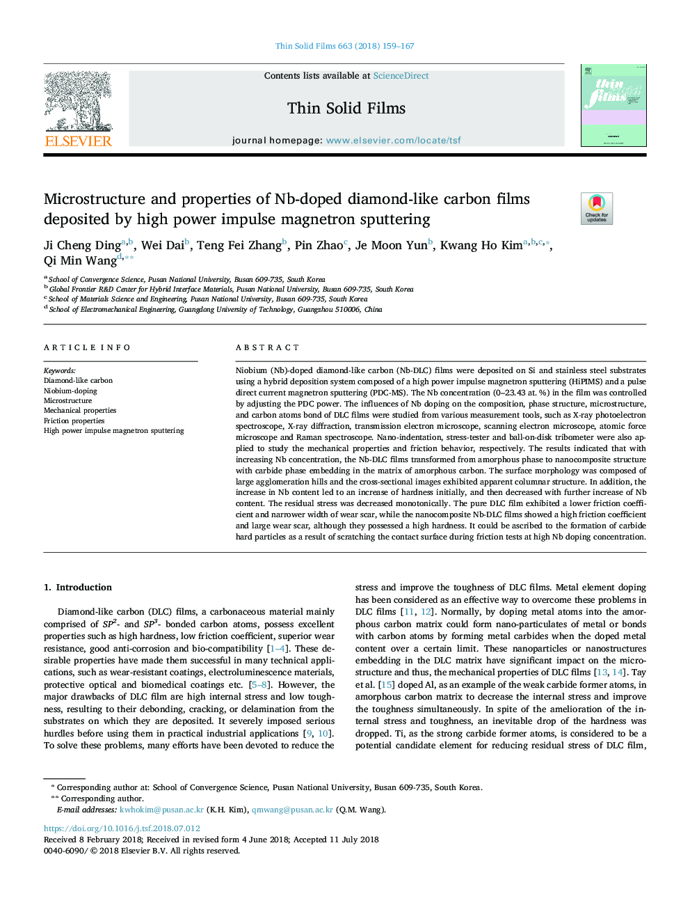 Microstructure and properties of Nb-doped diamond-like carbon films deposited by high power impulse magnetron sputtering