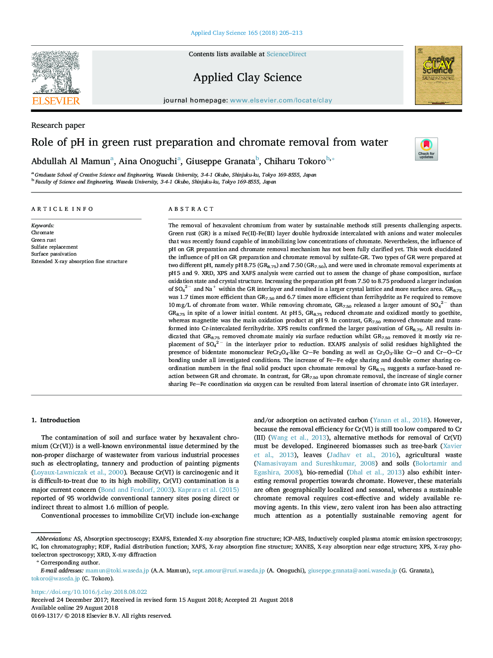 Role of pH in green rust preparation and chromate removal from water