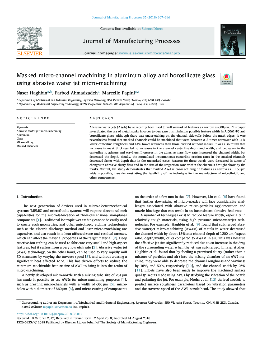 Masked micro-channel machining in aluminum alloy and borosilicate glass using abrasive water jet micro-machining