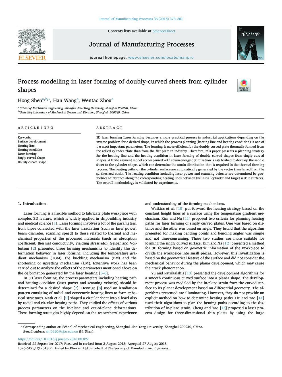 Process modelling in laser forming of doubly-curved sheets from cylinder shapes