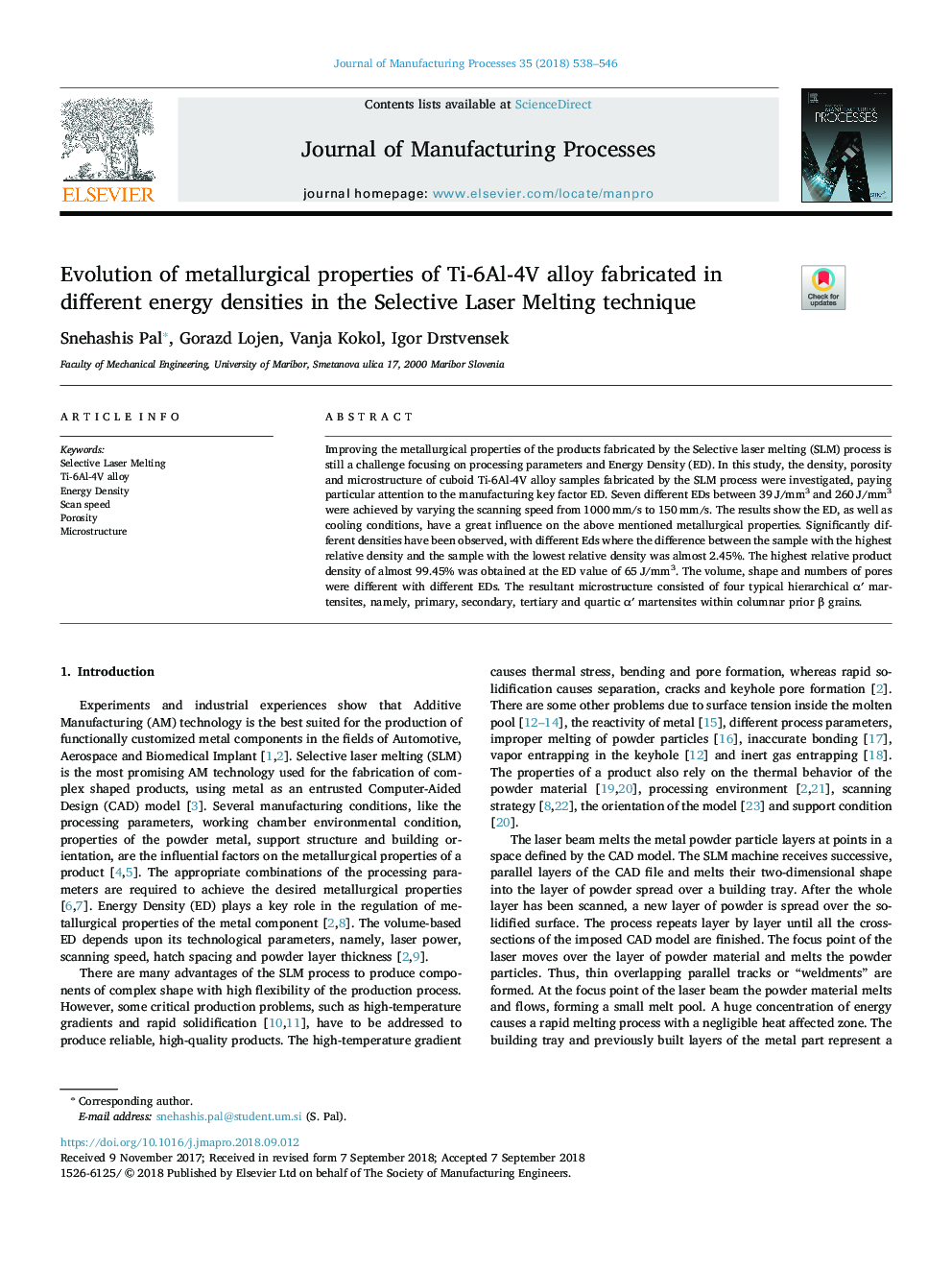 Evolution of metallurgical properties of Ti-6Al-4V alloy fabricated in different energy densities in the Selective Laser Melting technique