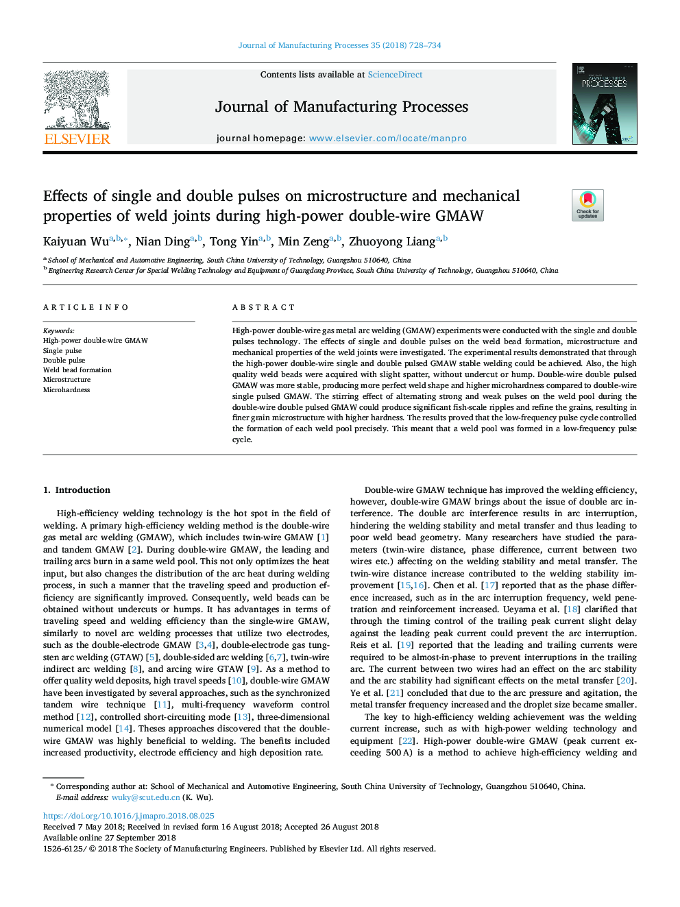 Effects of single and double pulses on microstructure and mechanical properties of weld joints during high-power double-wire GMAW