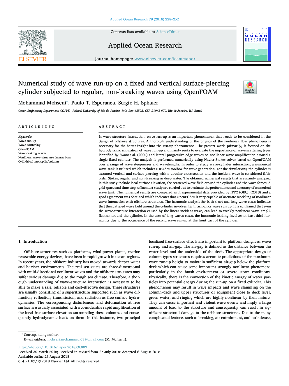 Numerical study of wave run-up on a fixed and vertical surface-piercing cylinder subjected to regular, non-breaking waves using OpenFOAM