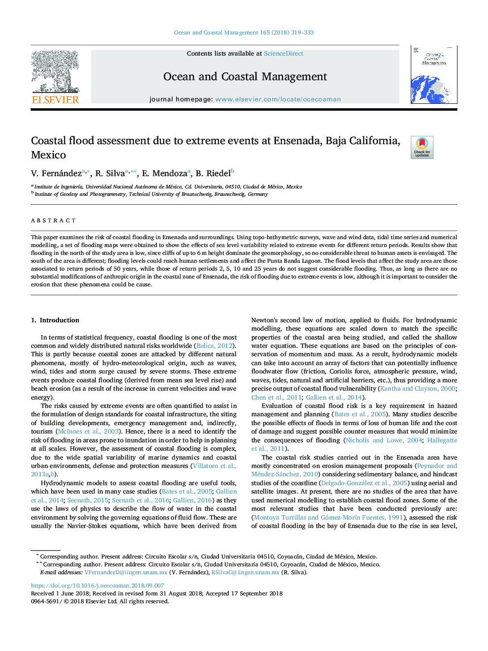 Coastal flood assessment due to extreme events at Ensenada, Baja California, Mexico
