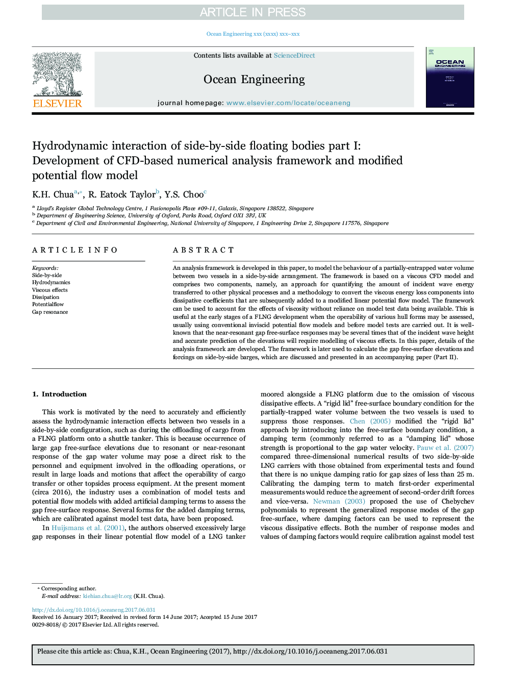 Hydrodynamic interaction of side-by-side floating bodies part I: Development of CFD-based numerical analysis framework and modified potential flow model