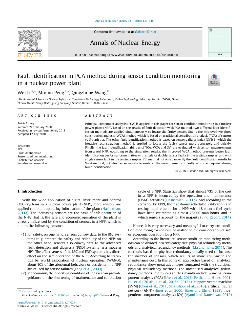 Fault identification in PCA method during sensor condition monitoring in a nuclear power plant