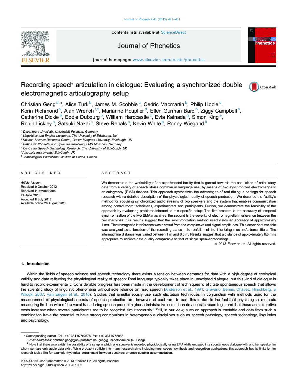 Recording speech articulation in dialogue: Evaluating a synchronized double electromagnetic articulography setup