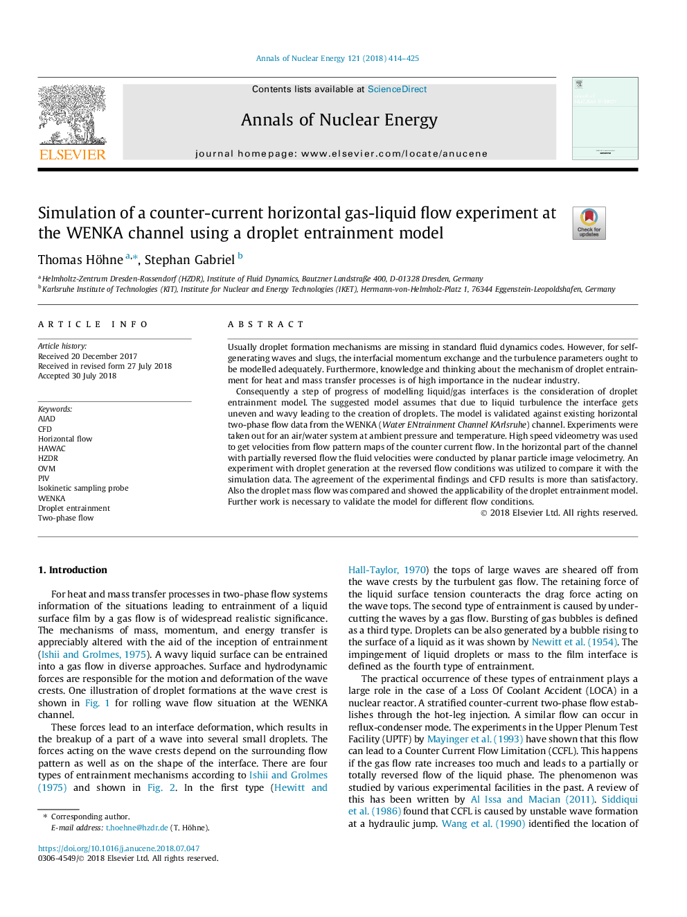 Simulation of a counter-current horizontal gas-liquid flow experiment at the WENKA channel using a droplet entrainment model