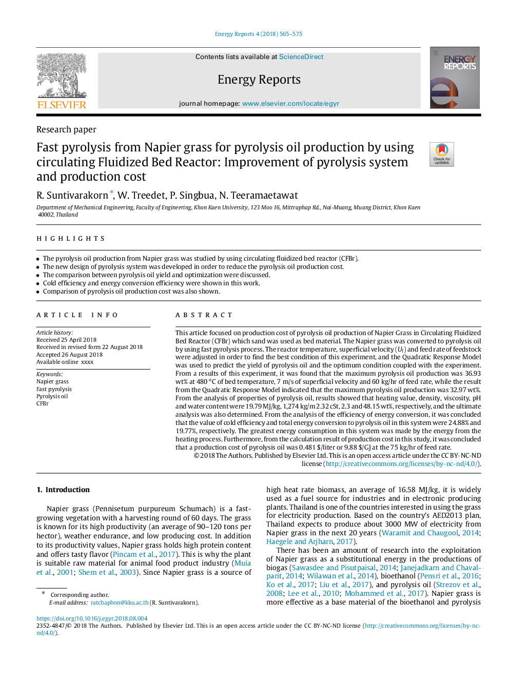 Fast pyrolysis from Napier grass for pyrolysis oil production by using circulating Fluidized Bed Reactor: Improvement of pyrolysis system and production cost