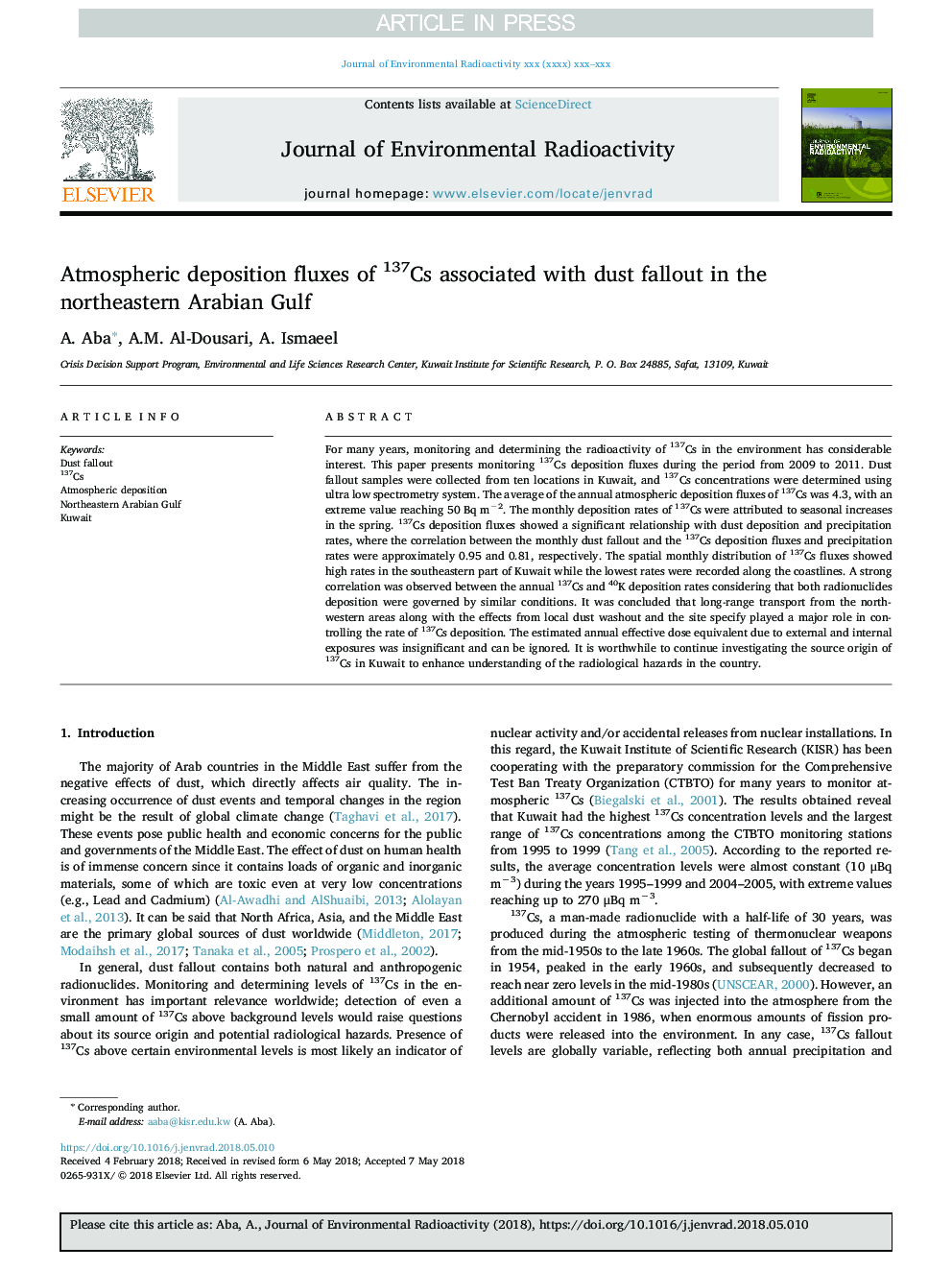 Atmospheric deposition fluxes of 137Cs associated with dust fallout in the northeastern Arabian Gulf