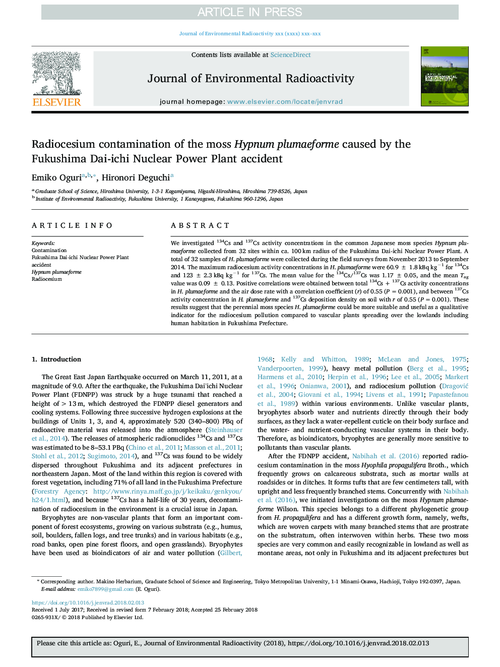 Radiocesium contamination of the moss Hypnum plumaeforme caused by the Fukushima Dai-ichi Nuclear Power Plant accident