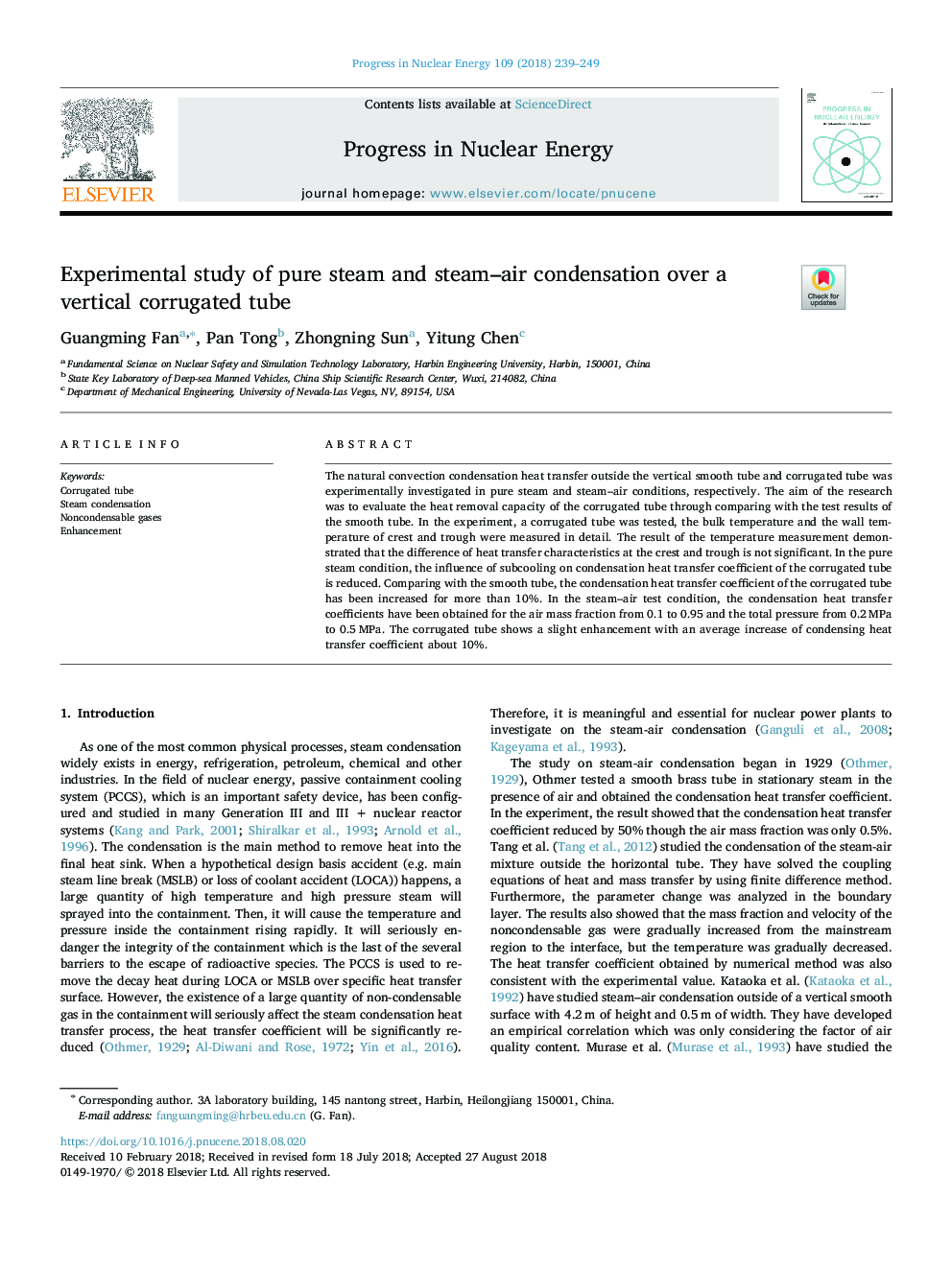 Experimental study of pure steam and steam-air condensation over a vertical corrugated tube