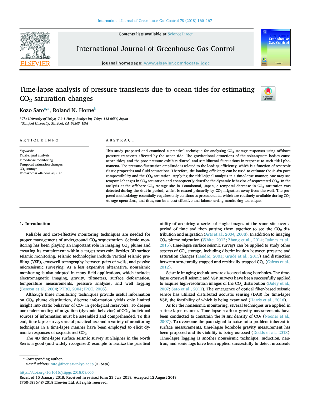 Time-lapse analysis of pressure transients due to ocean tides for estimating CO2 saturation changes