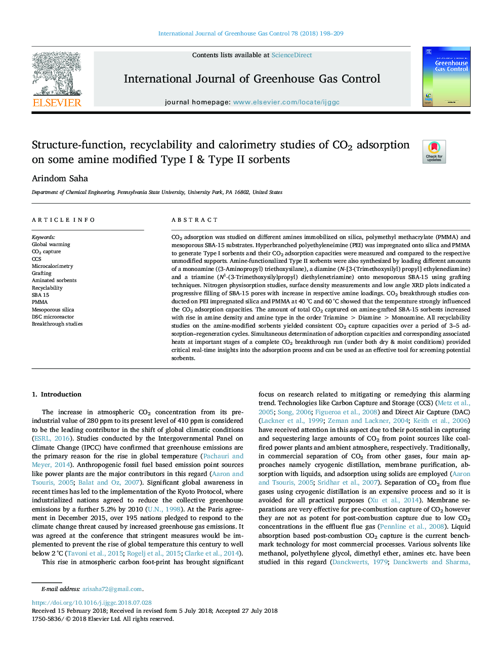 Structure-function, recyclability and calorimetry studies of CO2 adsorption on some amine modified Type I & Type II sorbents