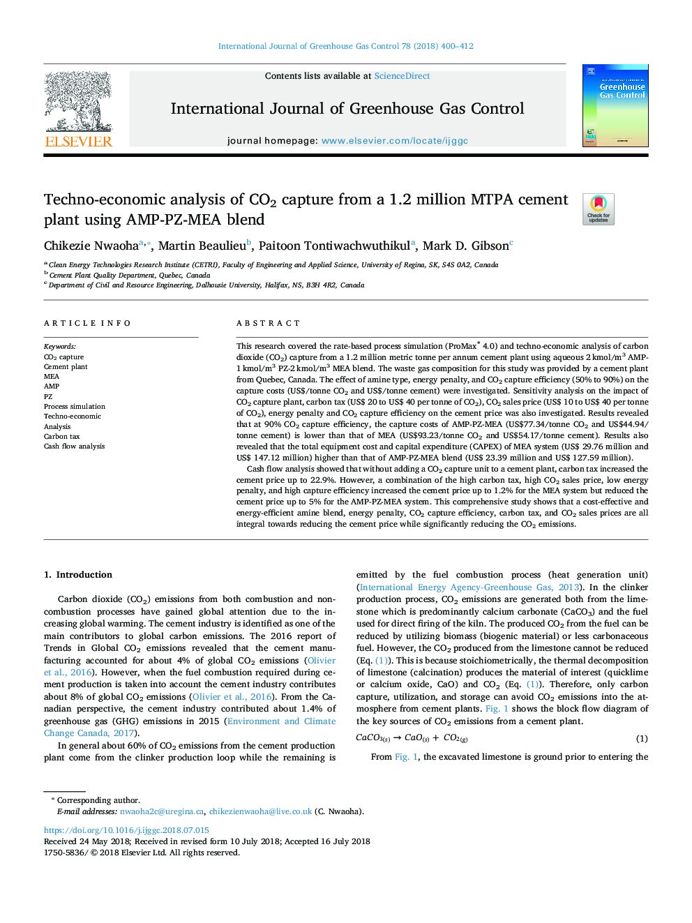 Techno-economic analysis of CO2 capture from a 1.2 million MTPA cement plant using AMP-PZ-MEA blend